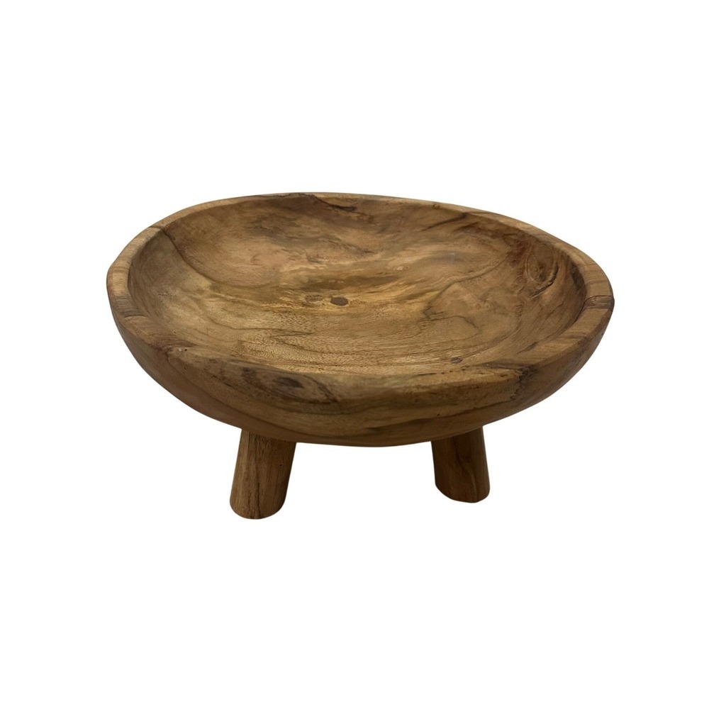 Handmade Teak Wood Tripod Footed Bowl 12 Inch Round Natural Grain Indonesia